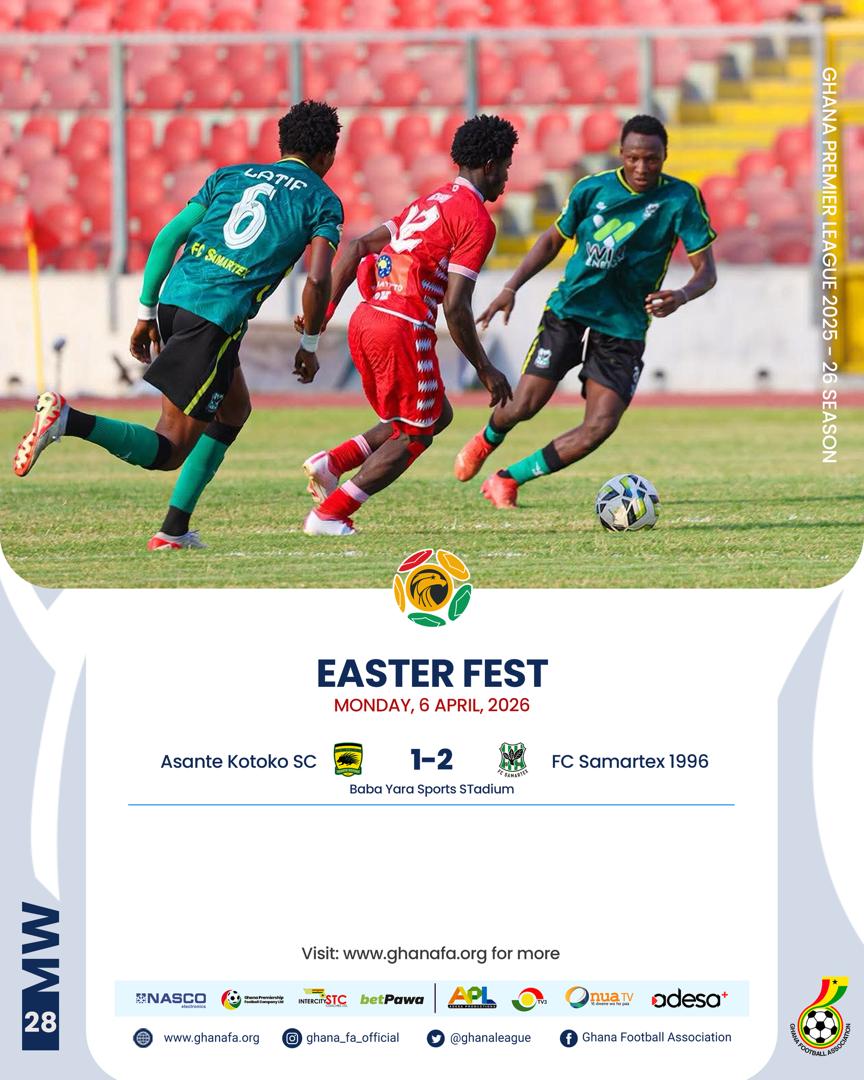 Premier League: Asante Kotoko title hopes stumble as FC Samartex 1996 triumph in rain-delayed clash