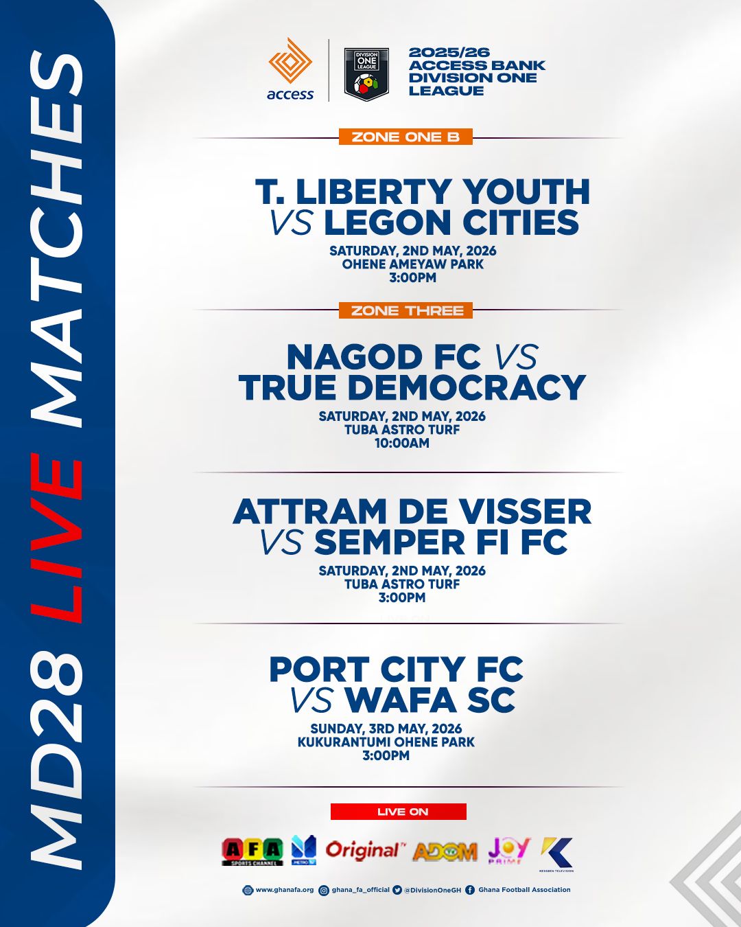 Four Live matches scheduled for Matchday 28 of 2025/26 Access Bank Division One League