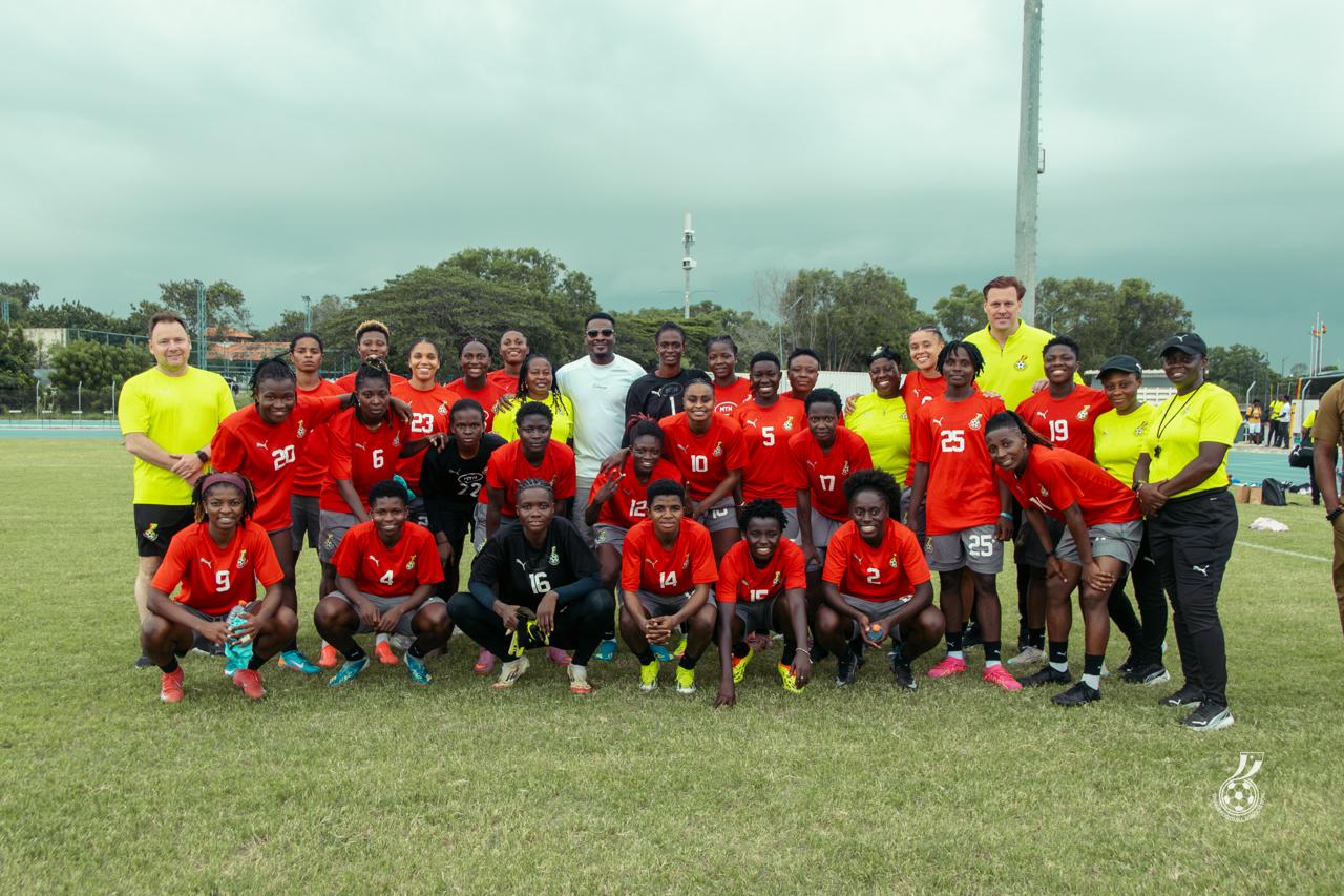 National Teams Ambassador, Asamoah Gyan visits Black Queens training, rallies team ahead of WAFCON