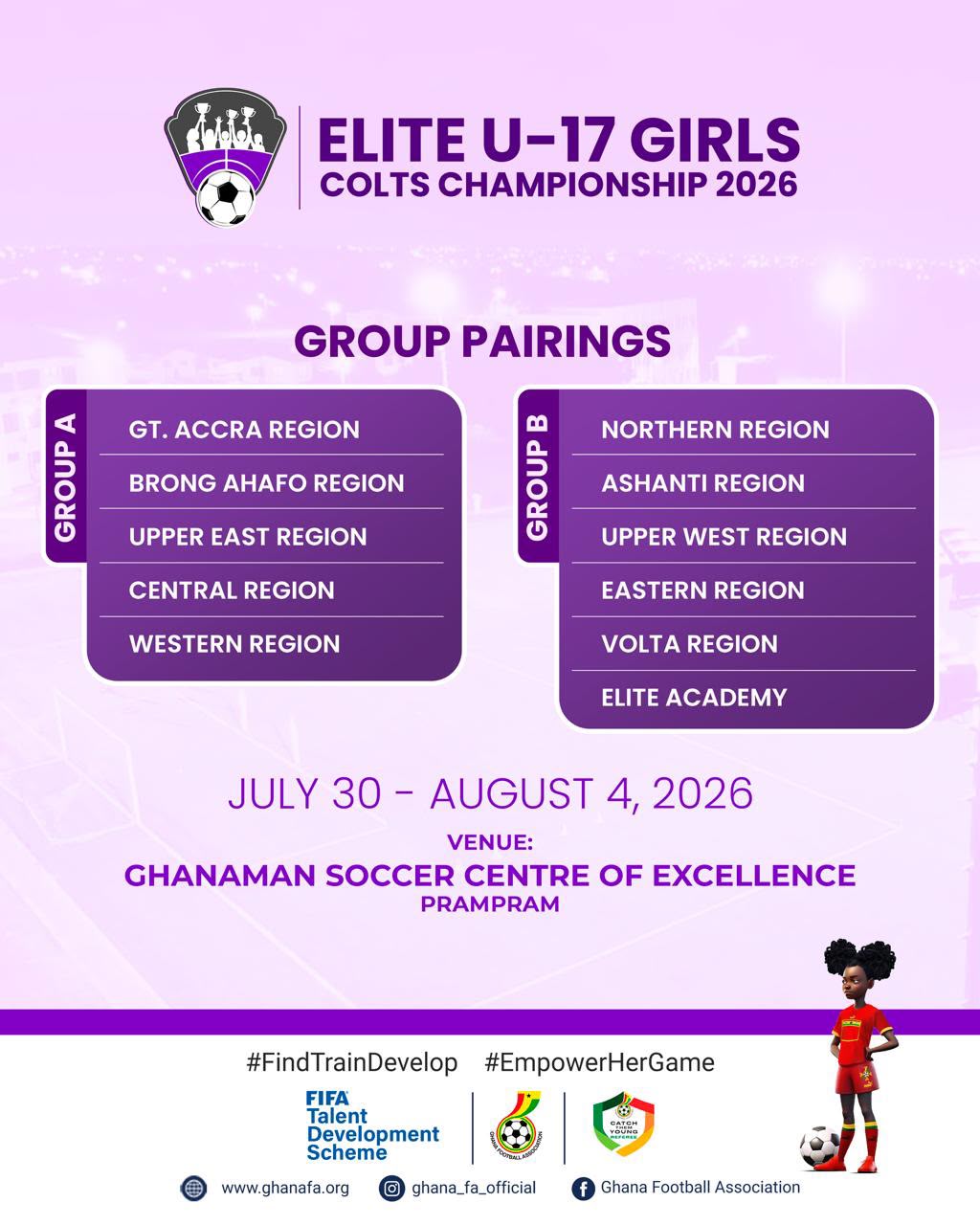 Elite U-17 Girls Colts Championship 2026 group pairings confirmed