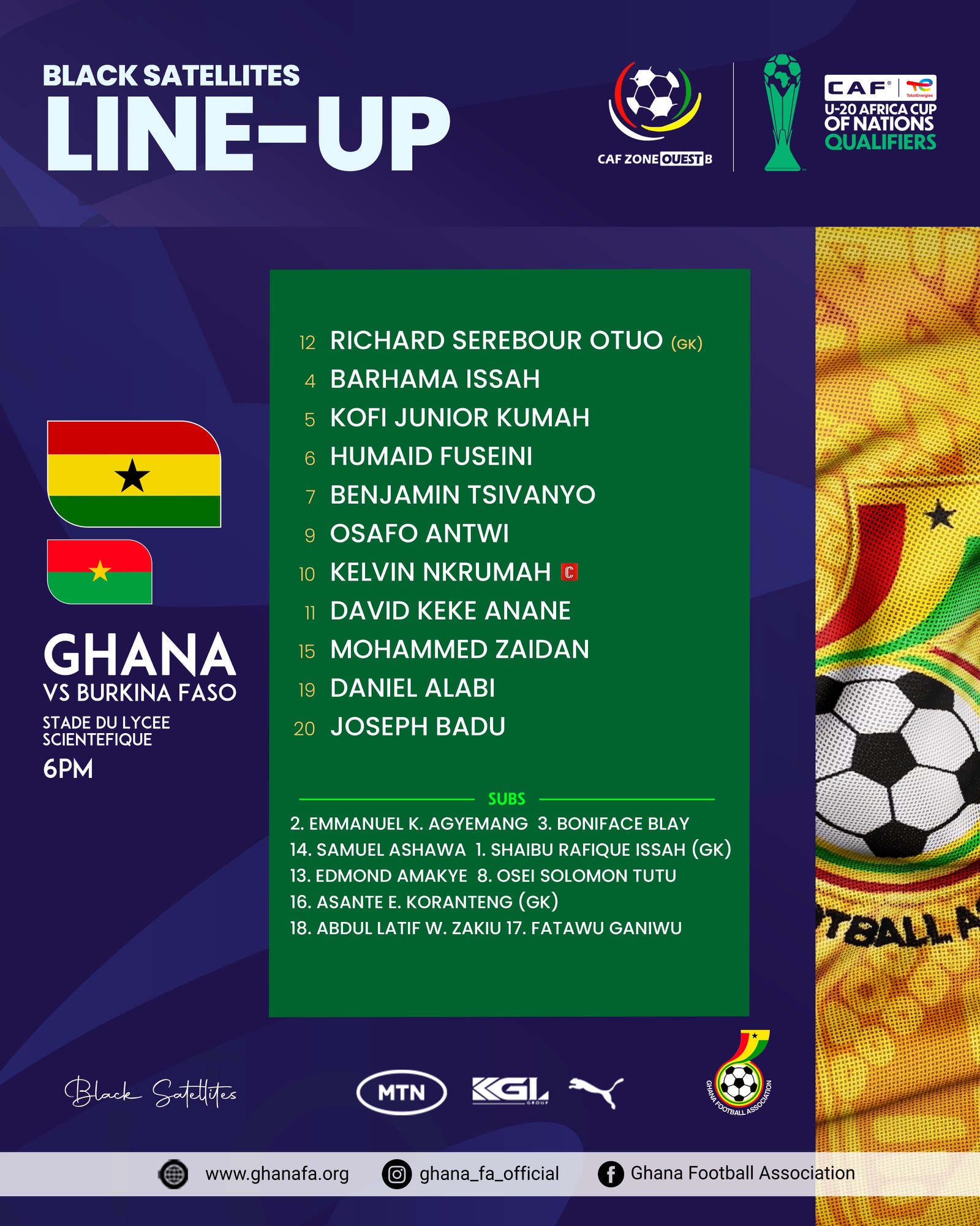 WAFU B U20: Maxwell Konadu rings two changes as Black Satellites target victory against Burkina Faso