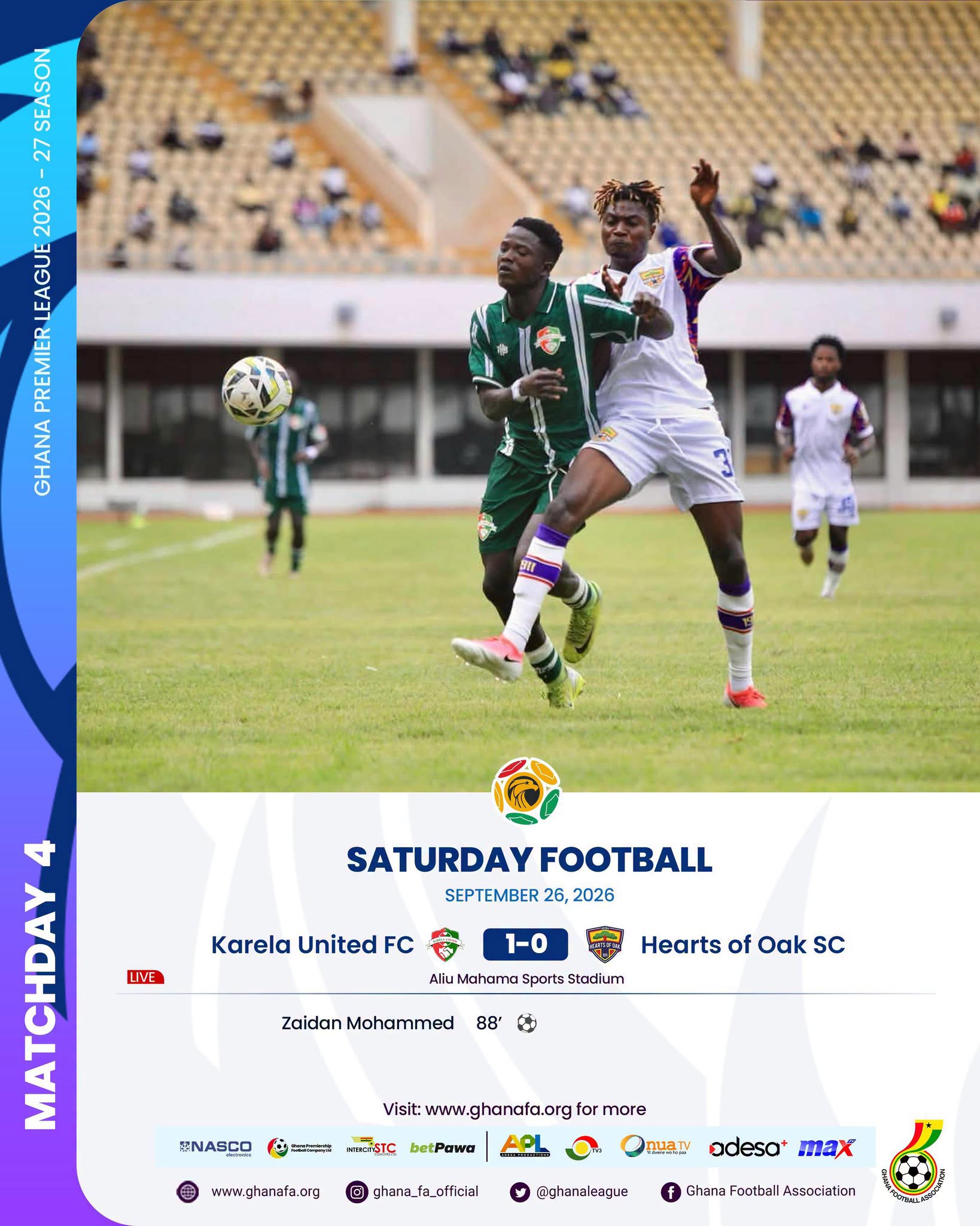 Premier League: Mohammed Zaidan strikes late as Karela United end Hearts of Oak’s unbeaten run
