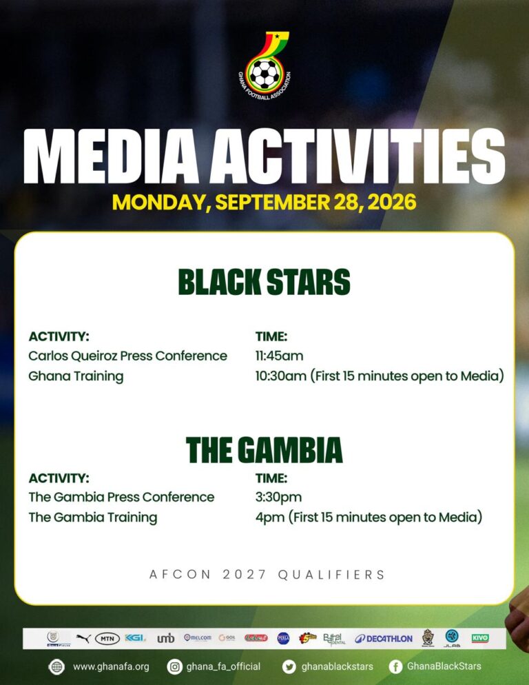 Black Stars, The Gambia to hold press conferences and training ahead of AFCON 2027 Qualifier