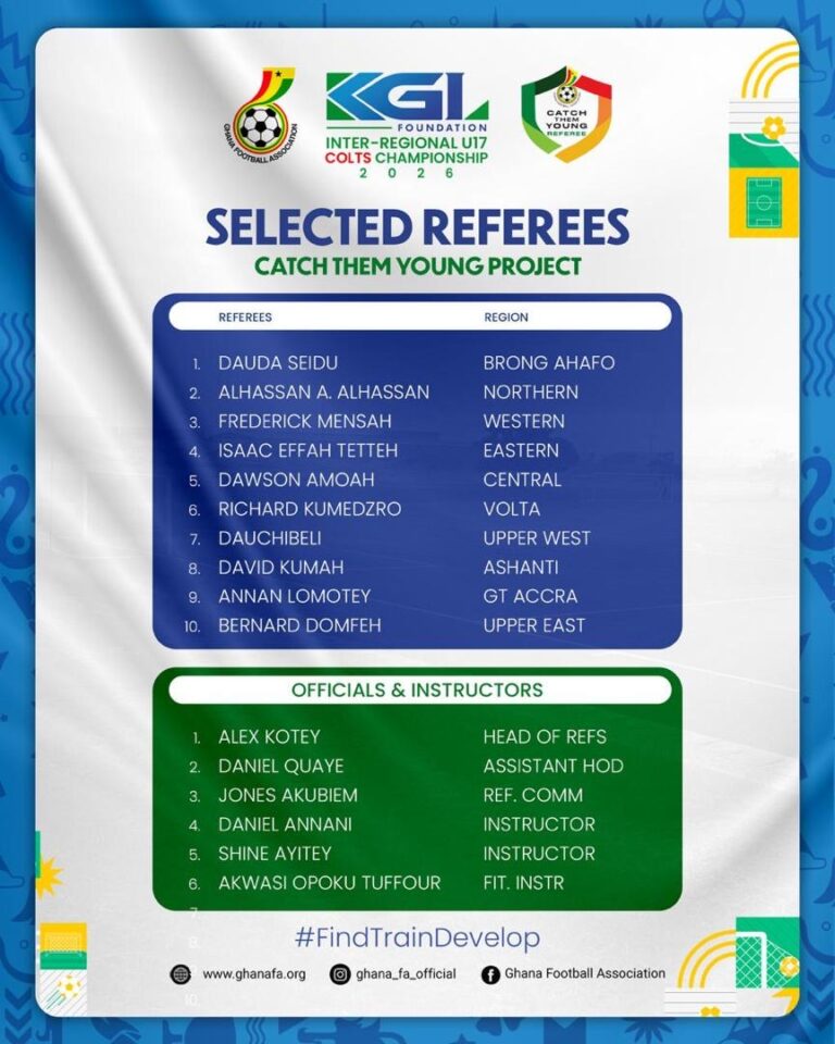 GFA selects 10 Catch Them Young Referees for 2026 KGL Foundation U-17 Colts Championship