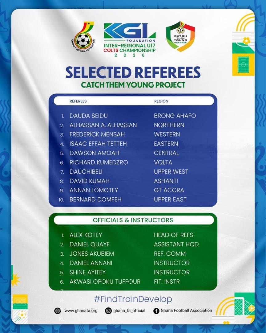 GFA selects 10 Catch Them Young Referees for 2026 KGL Foundation U-17 Colts Championship