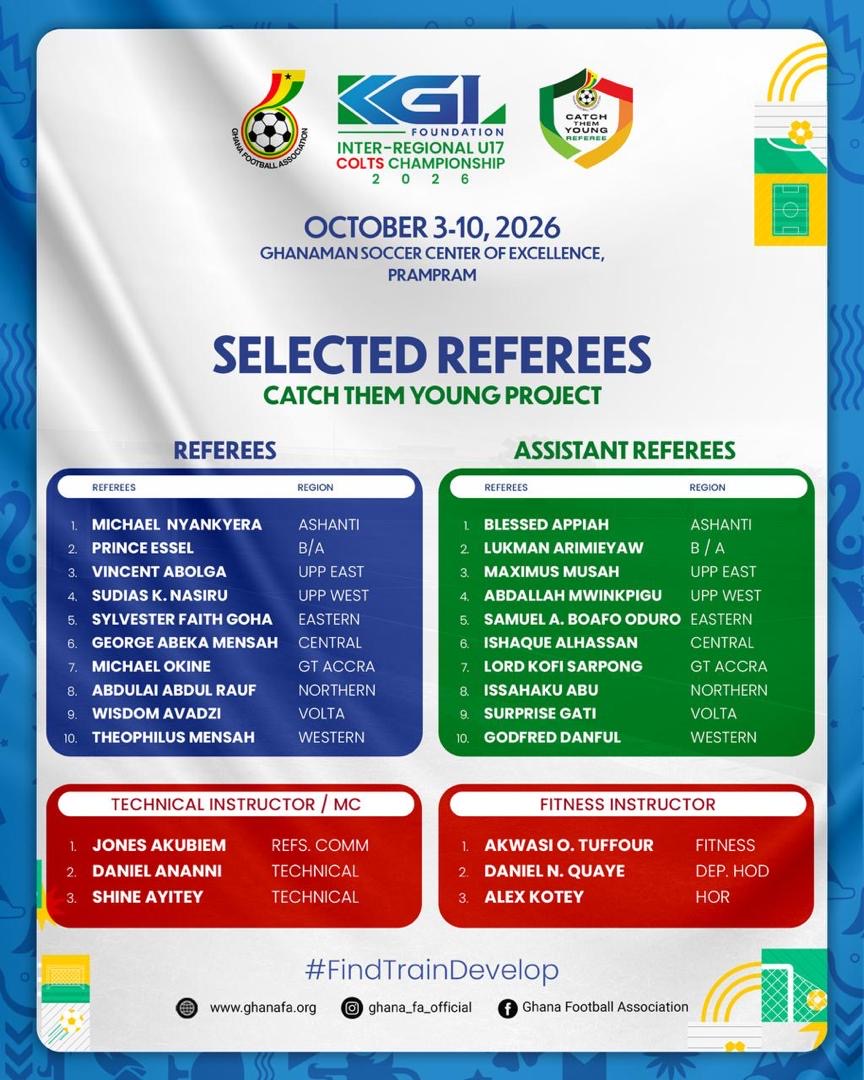 GFA selects 20 Catch Them Young Referees for 2026 KGL Foundation U-17 Colts Championship