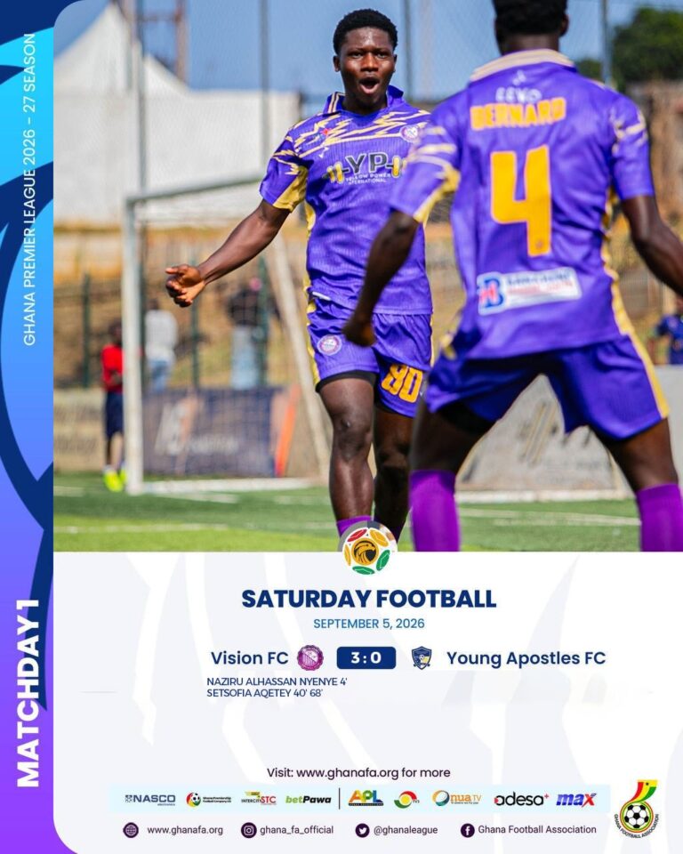 Premier League: Vision FC begin 2026/27 campaign with 3-0 win over Young Apostles