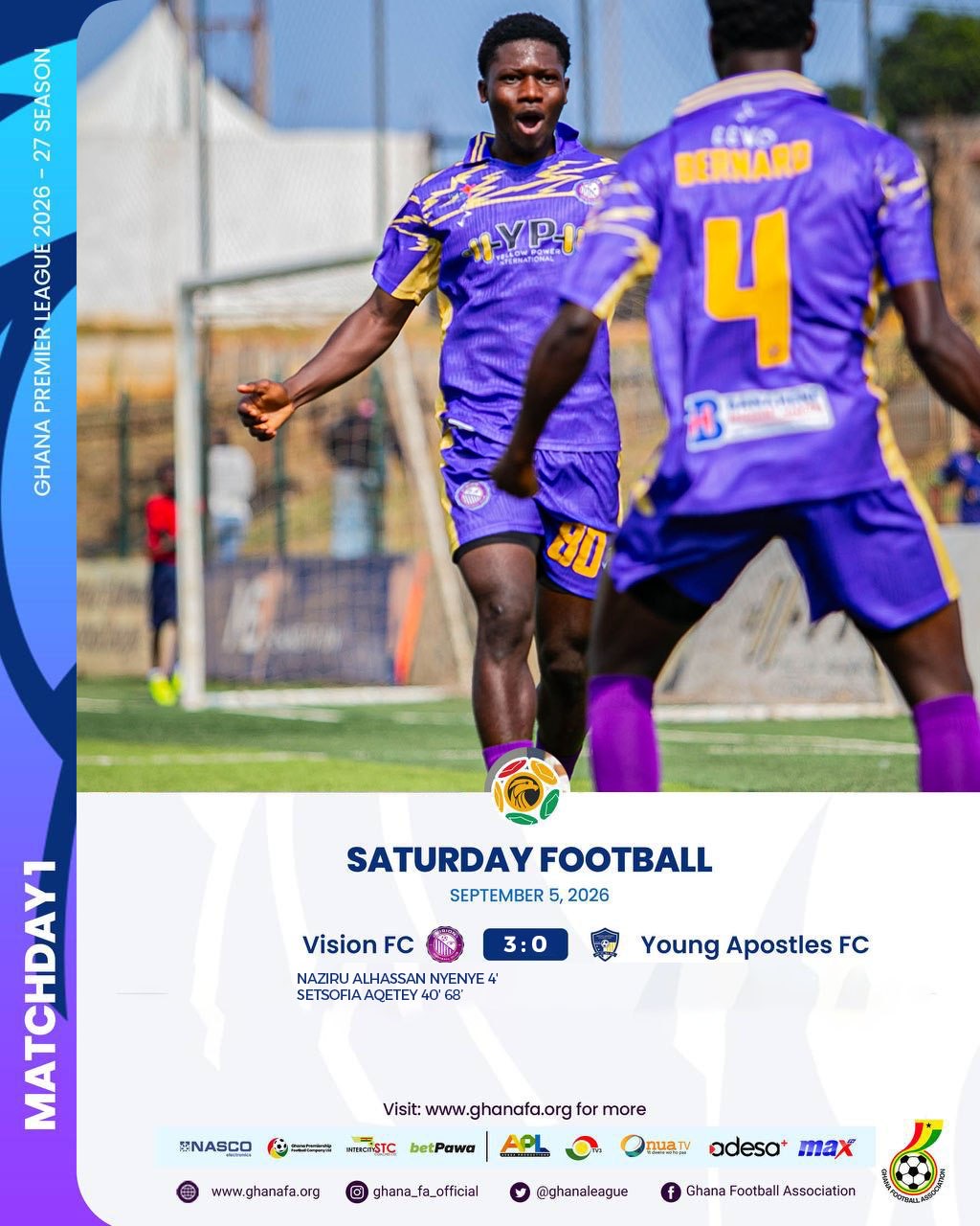 Premier League: Vision FC begin 2026/27 campaign with 3-0 win over Young Apostles