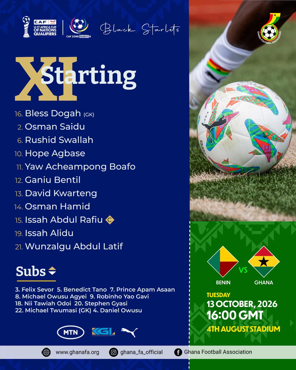WAFU B U17: Ganiu Bentil handed a start as Coach Kassim Ocansey names line-up for Benin clash