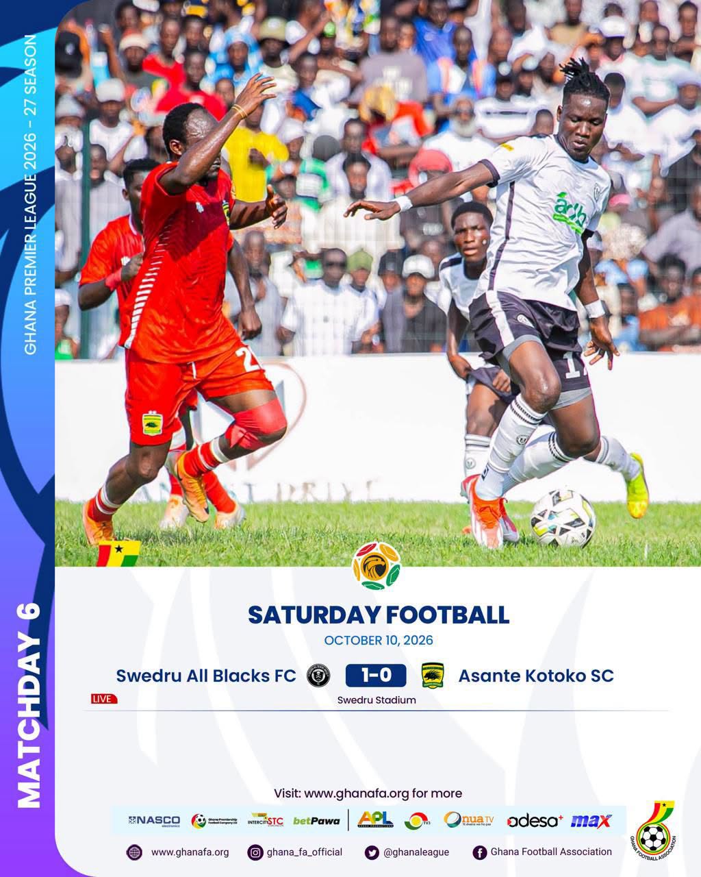 Premier League: Wiafe Darkwah’s last-gasp penalty sinks Kotoko as Swedru All Blacks claim vital win