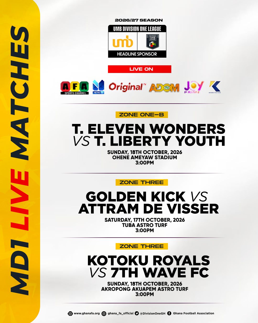 TV schedule for Matchday 5 of 2026/27 UMB Division One League